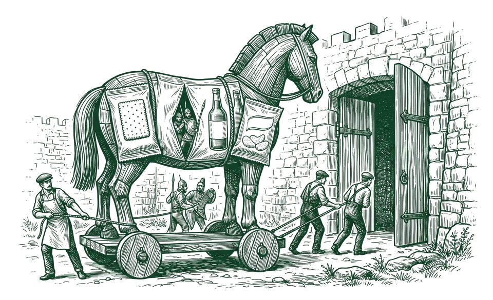 Cavalo de Troia feito de embalagens de ultraprocessados